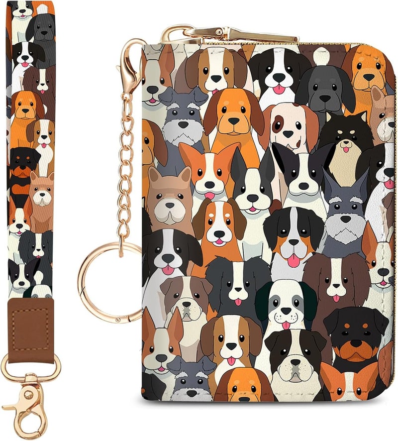 Blusabaca Credit Card Holder for Women, Dogs Small RFID Blocking Wallet with Wristlet Strap, Keychain Wristlet Zipper Women Wallet, Leather Card Case, Accordion Card Wallet Purse with Key Lanyard - Image 1